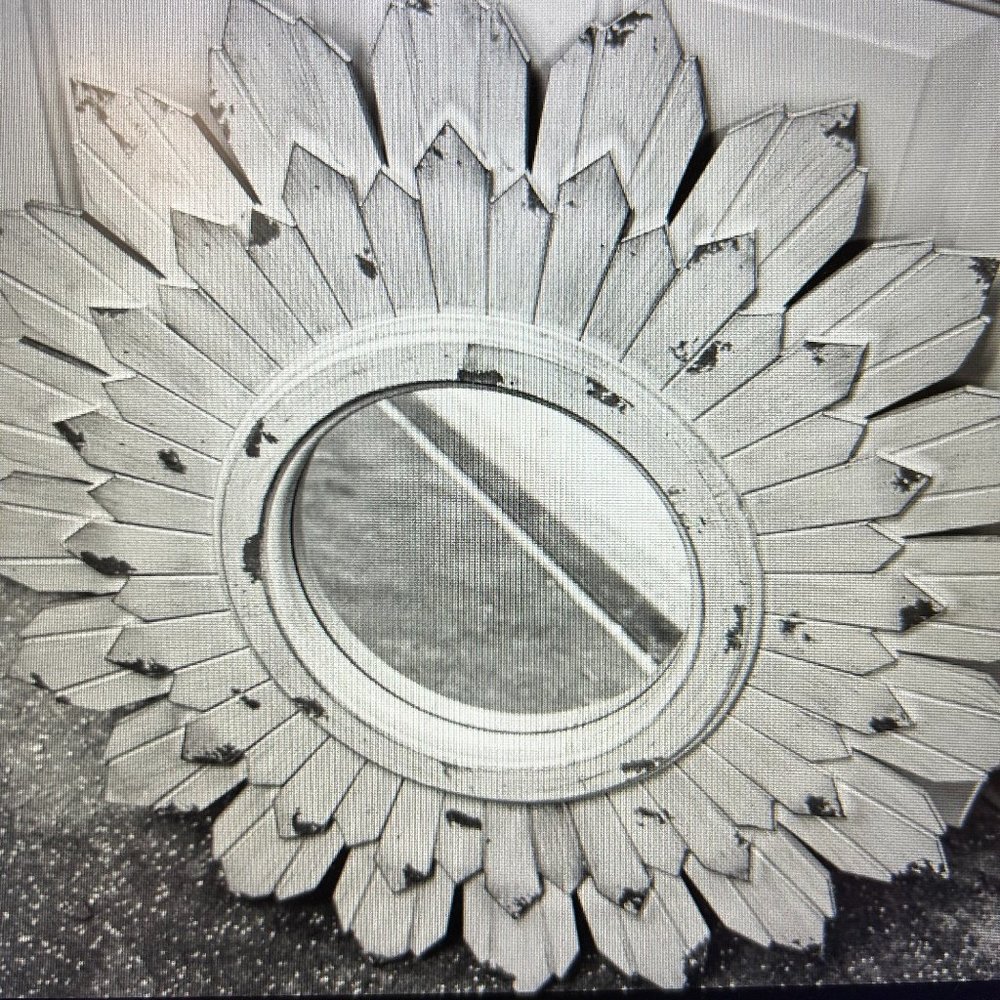 Grey distressed sunburst mirror